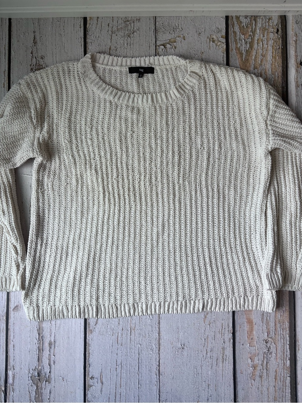 Tag Cream Ribbed Crew Sweater